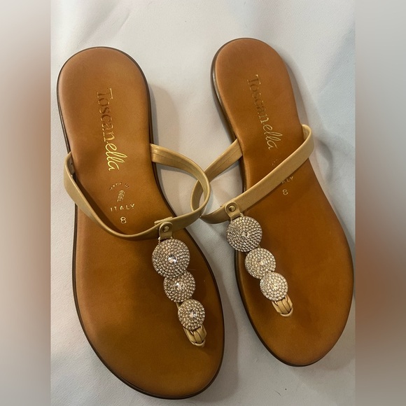 Gold and Brown  Toscanella Thong Sandals with Metallic Embellishments Size 8 - Picture 2 of 6